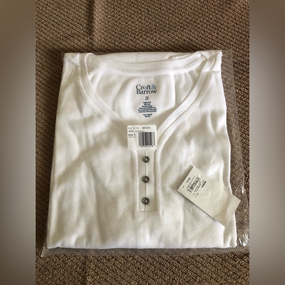 Croft & Barrow White Henley 3/4 Sleeve Top, Plus Size 2X, NWT